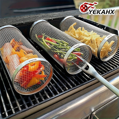 Rolling Grill Basket Stainless Steel 2-Pack, Cylinder BBQ Basket with Hook & Fork for Vegetables