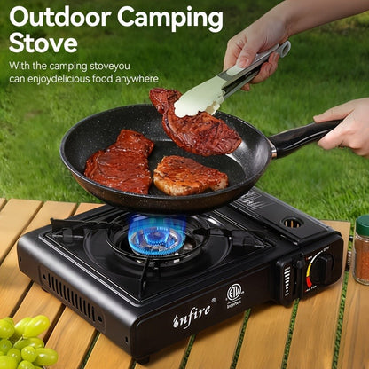 Black Single-Burner Butane Tabletop Camping Stove with Carrying Case, Adjustable Knob and US-Spec Option
