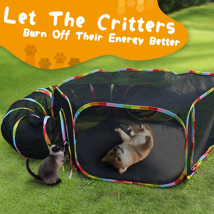 Outdoor Cat Enclosure with Play Tunnel – Portable Catio Tent & Cat Playpen for Indoor Cats, Cage-Free Outside Cat Run with Enclosed Tunnel