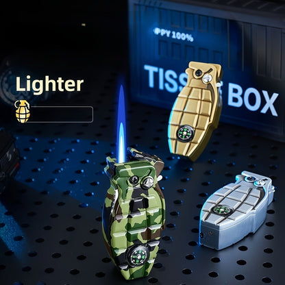 Camouflage Grenade-Shaped Butane Torch Lighter with Built-In Compass and 7.3 cm Body Height
