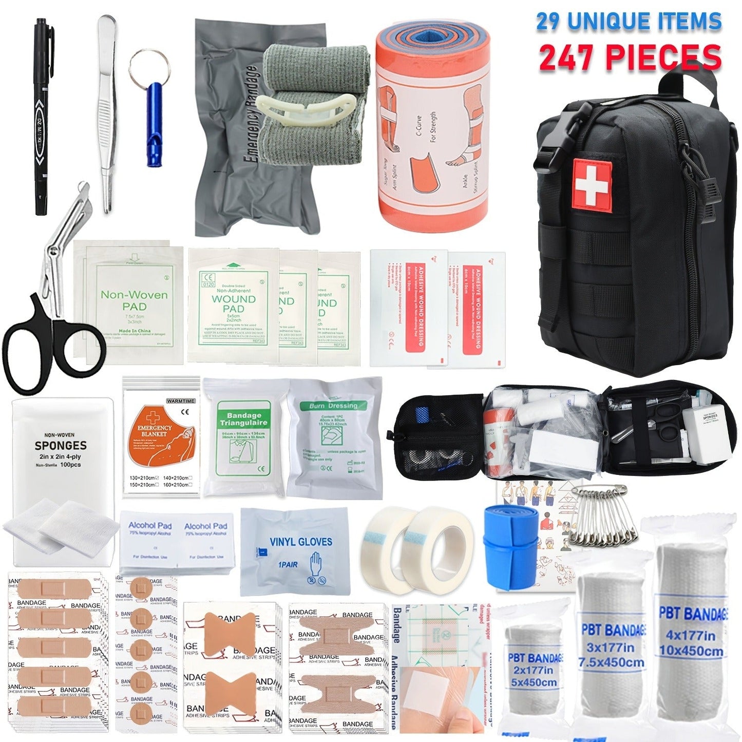 247pcs IFAK Trauma First Aid Kit with CAT Tourniquet and MOLLE Medical Backpack, Fully Stocked Bleeding Control Wound Care Splinting Airway