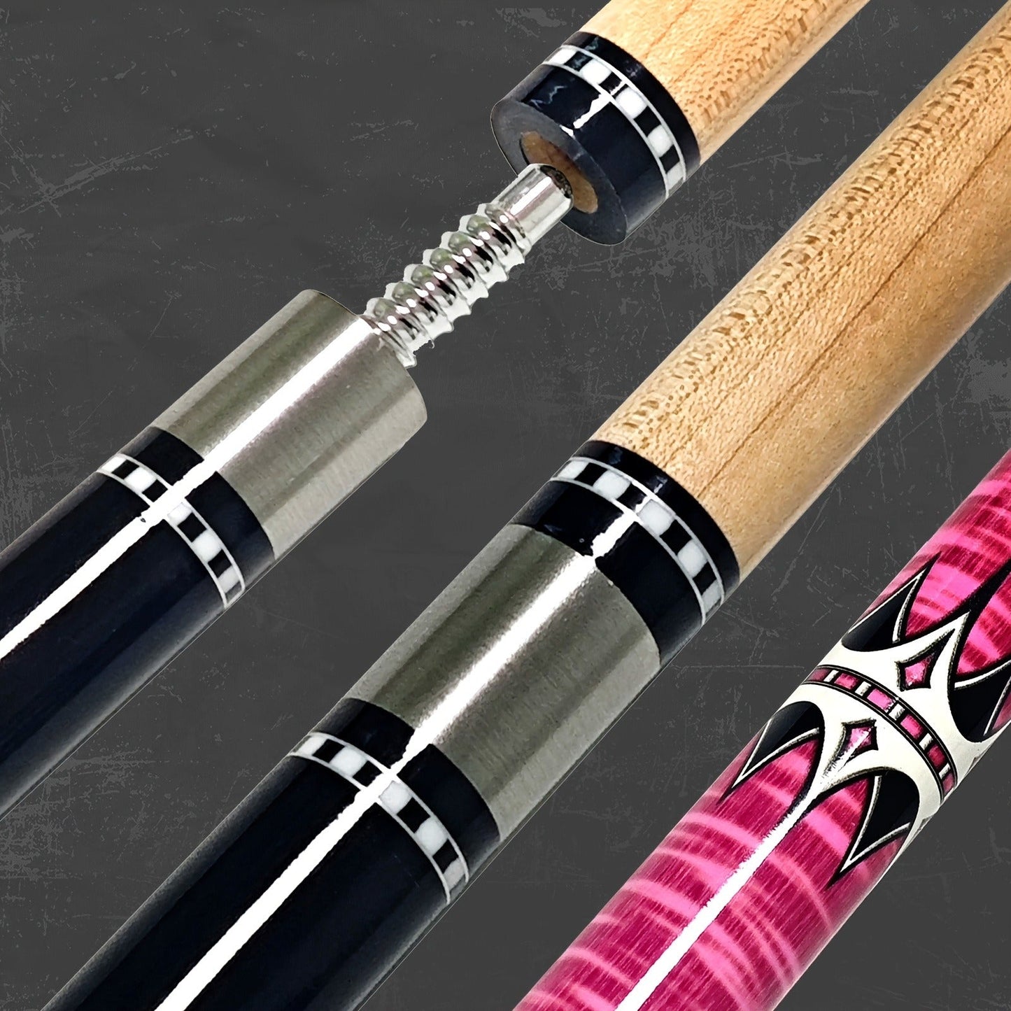 Two-Piece Carbon Fiber Pool Cue with Metal Joint, Wrap Section and Pink or Blue Graphic Designs