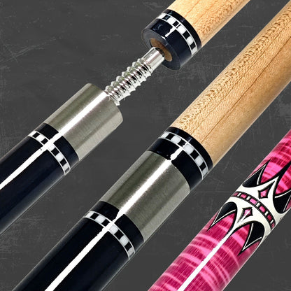 Two-Piece Carbon Fiber Pool Cue with Metal Joint, Wrap Section and Pink or Blue Graphic Designs