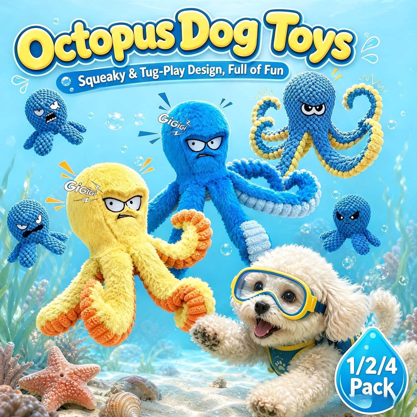 Dog Toy Octopus Plush with Built-In Squeaker and Crinkle Texture in Blue or Yellow with 1, 2 or 4-Pack Options