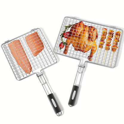 Grill Basket Stainless Steel Folding BBQ Grilling Basket for Fish Chicken Vegetables Shrimp Portable Outdoor Camping Barbecue Accessory 3