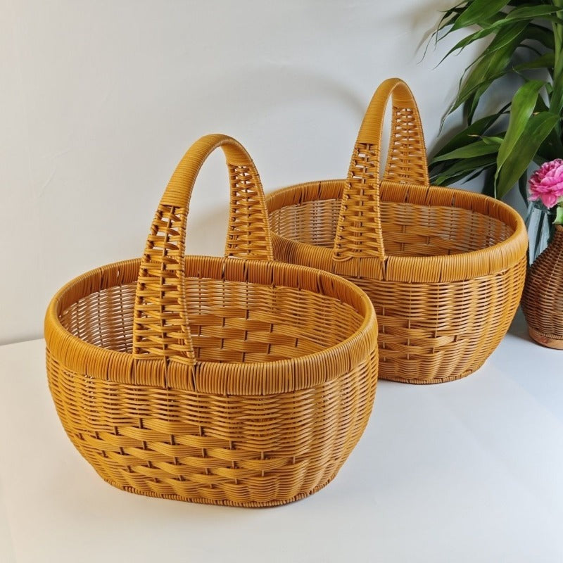 Rattan Basket Woven Shopping Basket with Handle – Extra Large Handcrafted Picnic Basket for Fruits, Eggs, Vegetables