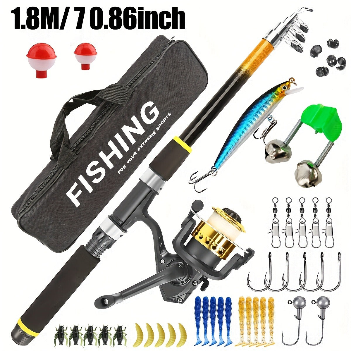 Baitcasting Rod and Reel Combo Set – Medium-Fast Action Telescopic Fishing Rod with Line, Lures, Accessories Box & Carry Bag