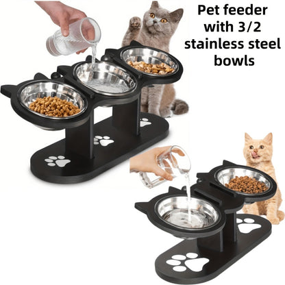Elevated Cat Bowl Stand with Tilted Stainless Steel Bowls – Adjustable Raised Feeder, Anti-Spill, Black Wood Base for Cats & Small Dogs