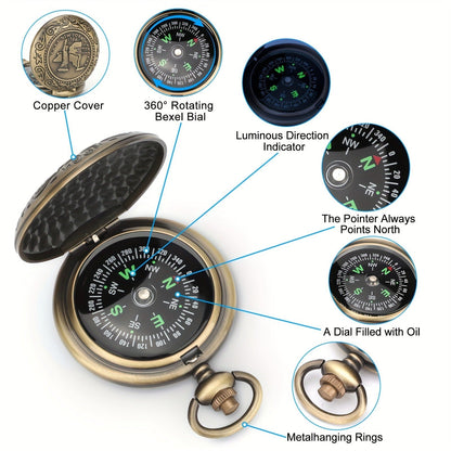 Vintage Pocket Compass Luminous Indicator – Compact Outdoor Navigation Tool for Hiking, Camping, Mountaineering & Adventures