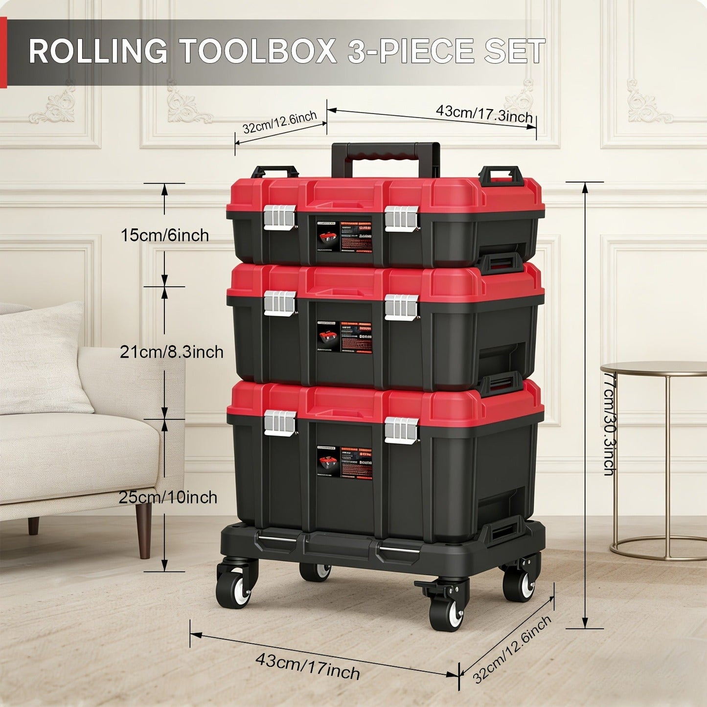 Rolling Tool Box with Wheels 3-Tier Stackable Organizer | Lockable Compartments, Connected Storage, 17" Large Plastic Toolbox for Garage