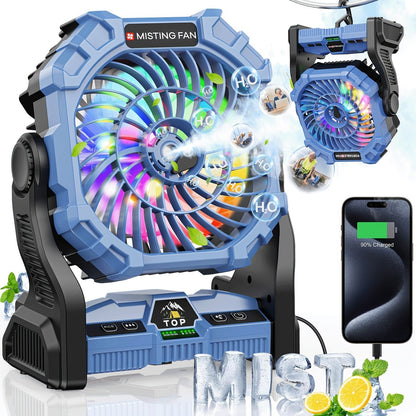 Rechargeable Camping Fan 20000mAh with Misting, Power Bank, RGB Light, 4 Speeds & Tent Hook for Outdoor Use