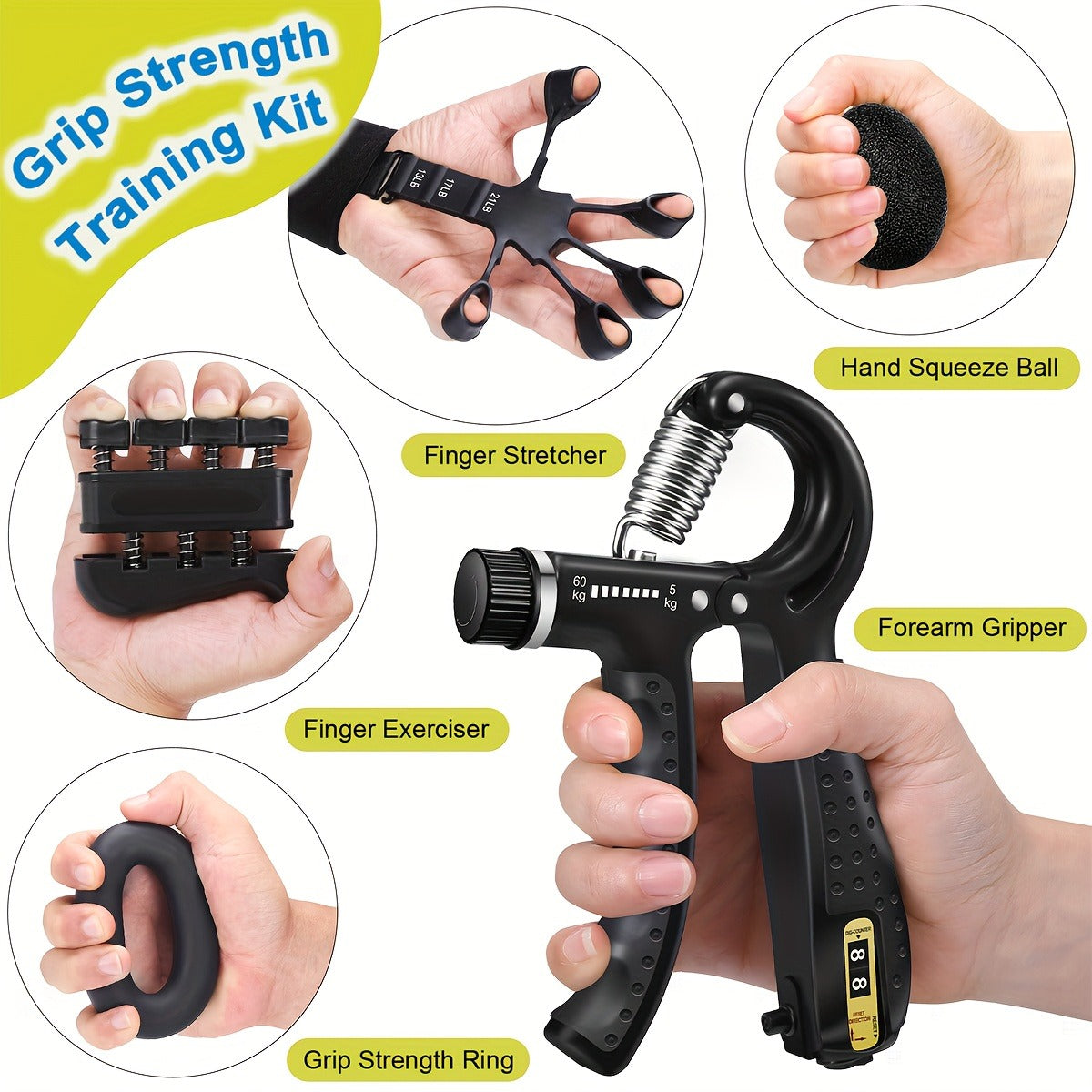 Grip Strengthener Set 5pcs – Adjustable Hand Grip Trainer with Counting, Finger Exerciser, Finger Stretcher