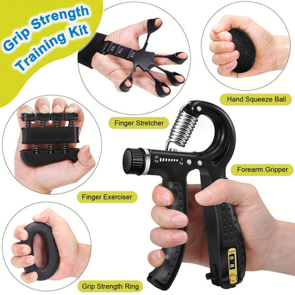Grip Strengthener Set 5pcs – Adjustable Hand Grip Trainer with Counting, Finger Exerciser, Finger Stretcher