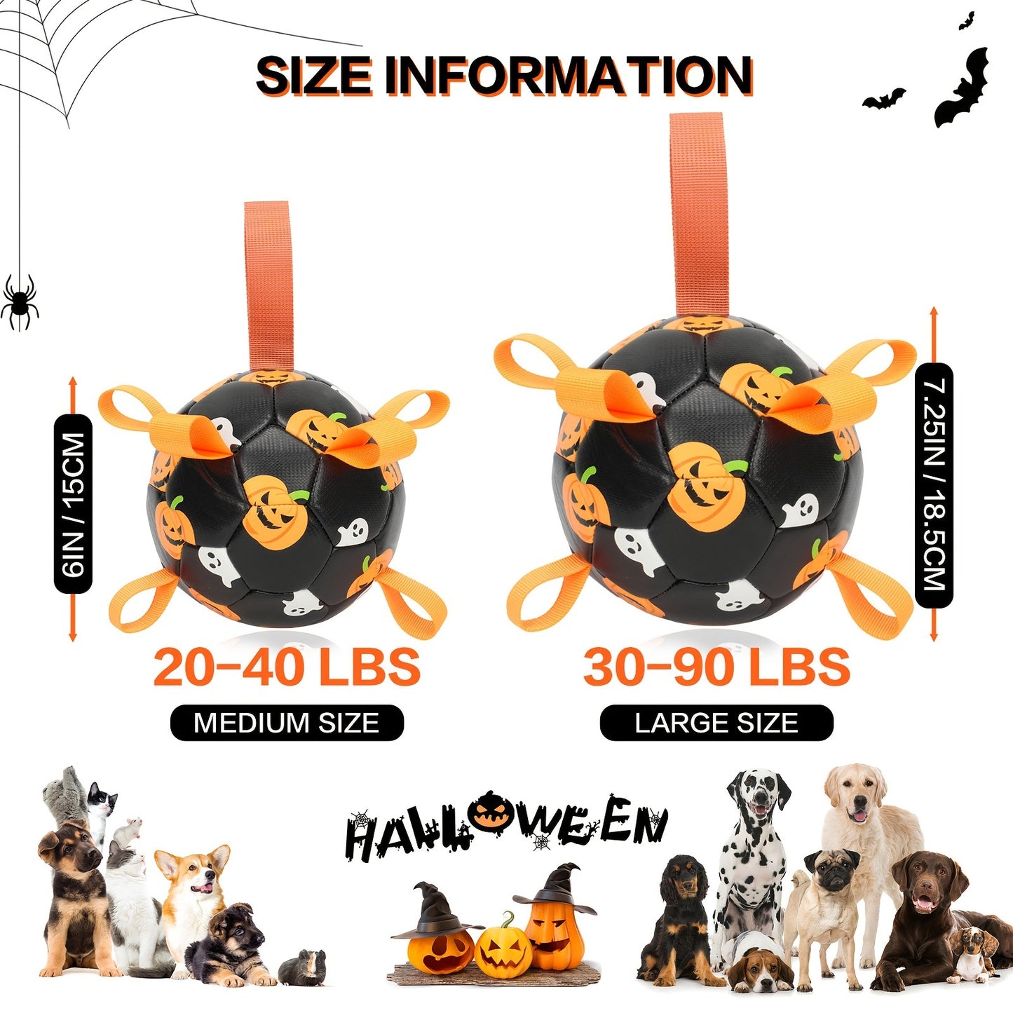 Halloween Dog Ball Toy with Pump – Football Shaped Chew Ball for Dogs, Pumpkin Ghost Design, Durable Rubber Fetch Toy
