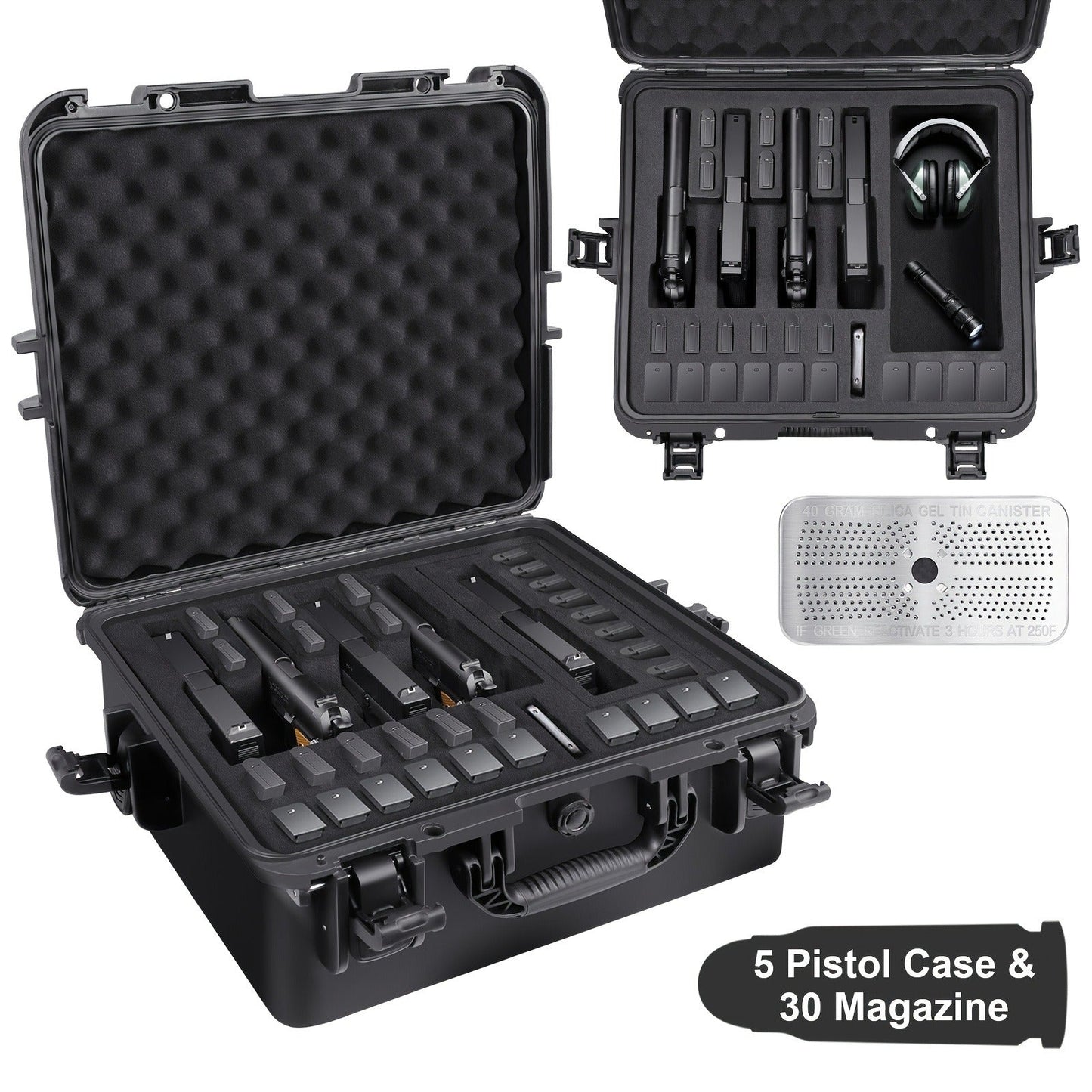 Hard Pistol Case Holds 5 Handguns & 30 Magazines – Lockable Travel Gun Case with Pre-Cut Foam, Silica Gel Canister, ABS Hard Shell