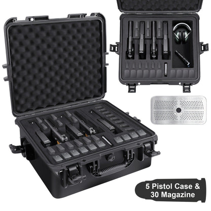 Hard Pistol Case Holds 5 Handguns & 30 Magazines – Lockable Travel Gun Case with Pre-Cut Foam, Silica Gel Canister, ABS Hard Shell