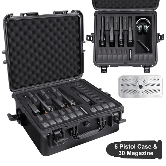 Hard Pistol Case Holds 5 Handguns & 30 Magazines – Lockable Travel Gun Case with Pre-Cut Foam, Silica Gel Canister, ABS Hard Shell
