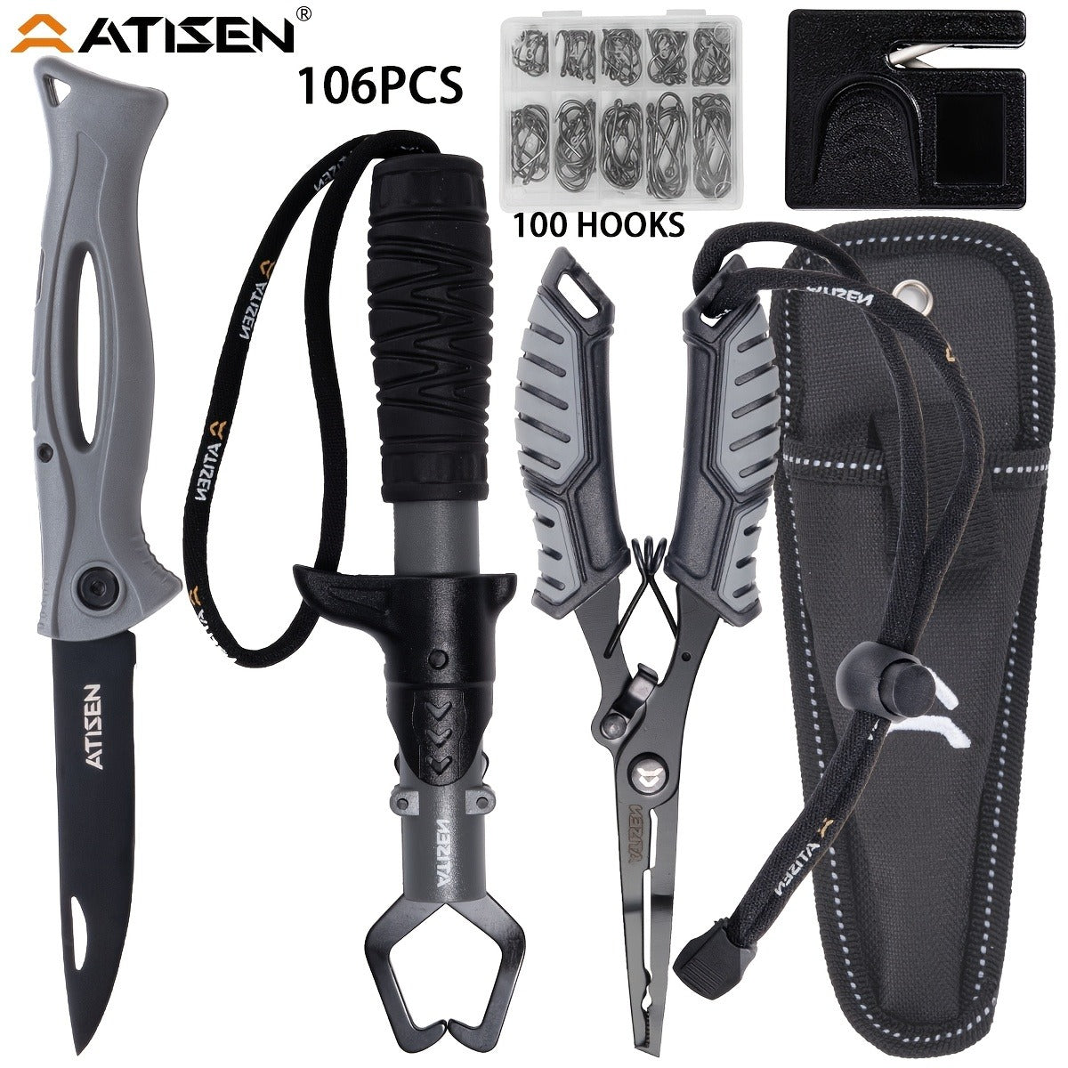 Fishing Knife Set 106PCS – Bait Knife, Luya Tongs, Knife Sharpener, Fishing Line Clippers & Anti-Loss Stretch Rope