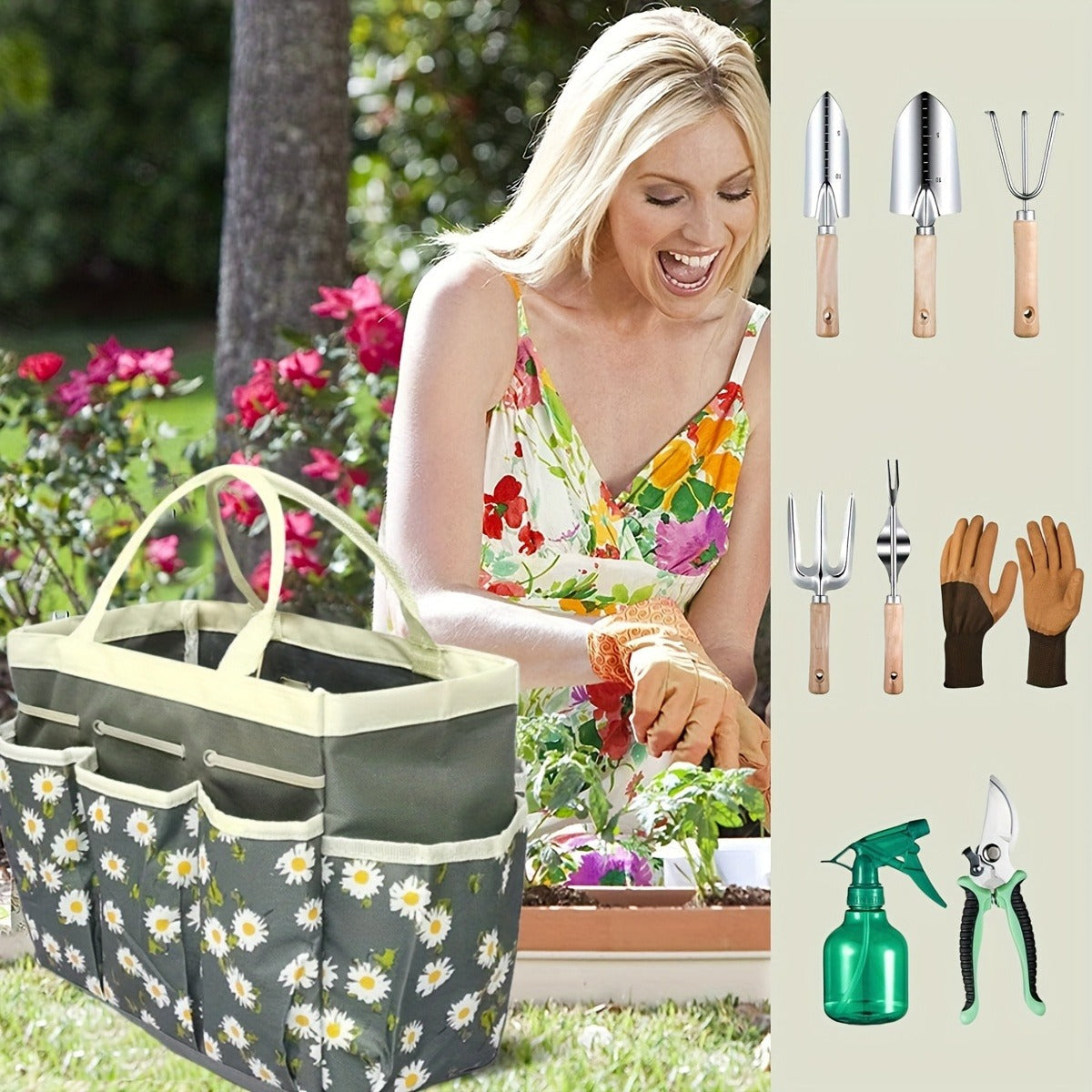 Gardening Kit 9-Piece with Gloves & Carry Bag | Heavy Duty Rust-Resistant Garden Tool Set Trowel Weeder Pruner Rake | Planting Gift