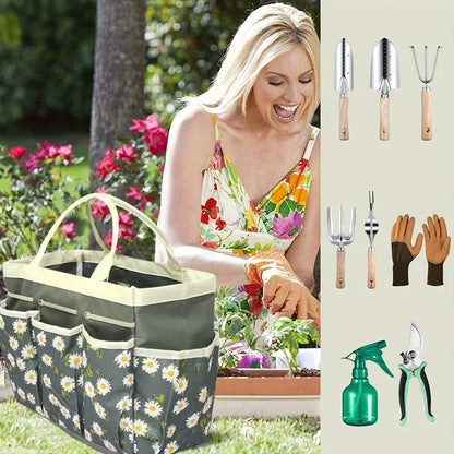Gardening Kit 9-Piece with Gloves & Carry Bag | Heavy Duty Rust-Resistant Garden Tool Set Trowel Weeder Pruner Rake | Planting Gift