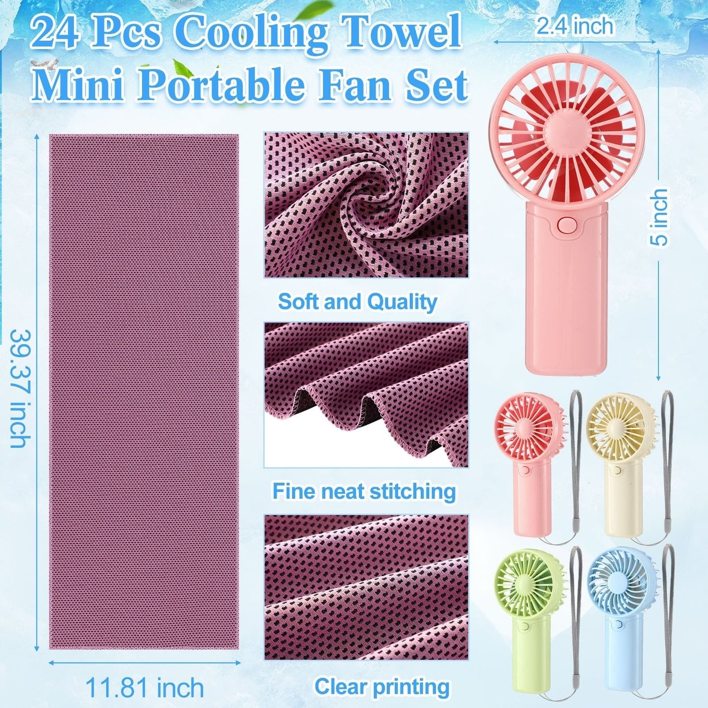 Portable Cooling Towel & Handheld Fan Set 24-Pack – Mini Ice Towels with Fans for Sports, Gym, Yoga, Travel & Camping