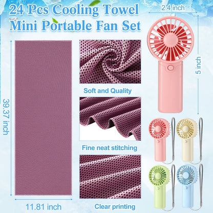 Portable Cooling Towel & Handheld Fan Set 24-Pack – Mini Ice Towels with Fans for Sports, Gym, Yoga, Travel & Camping