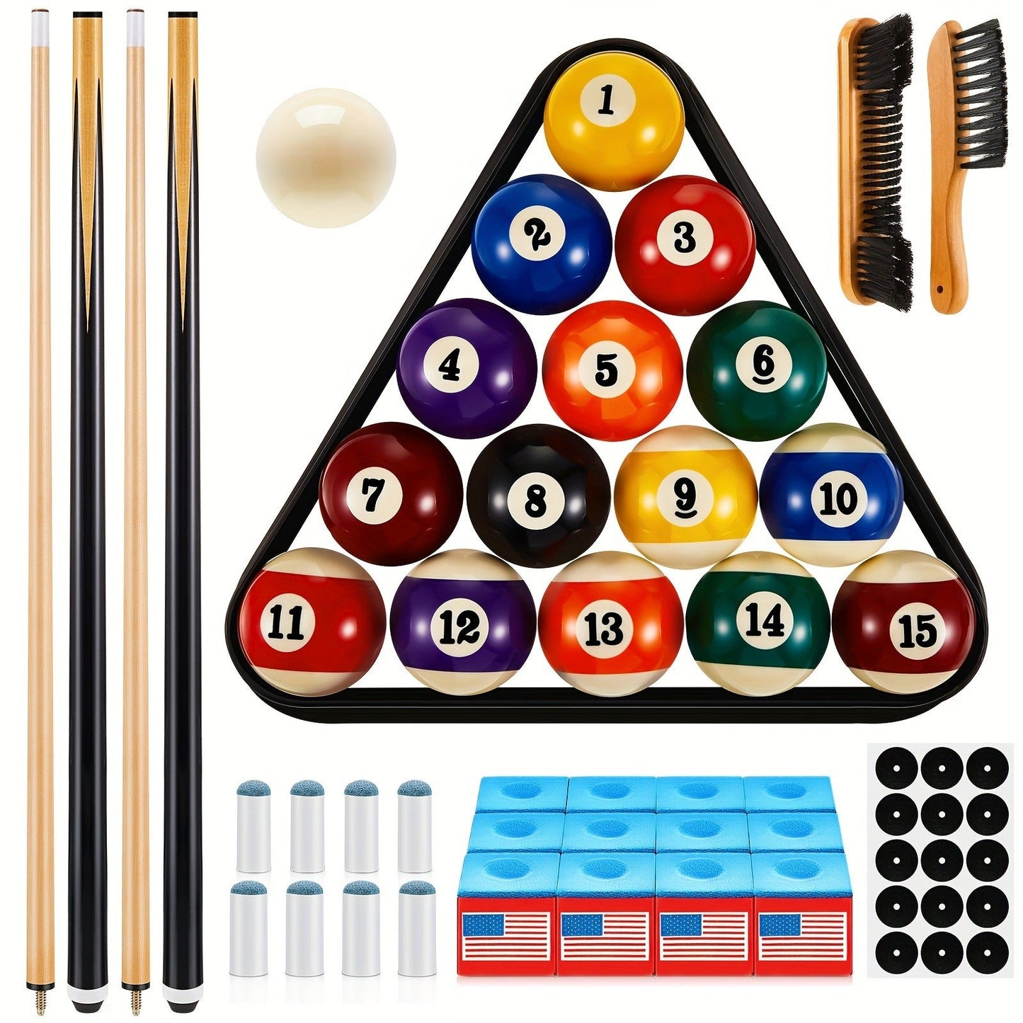 71-Piece Pool Table Accessory Set with Numbered Balls, Cues, Triangle Rack, Chalk, Tips and Brushes