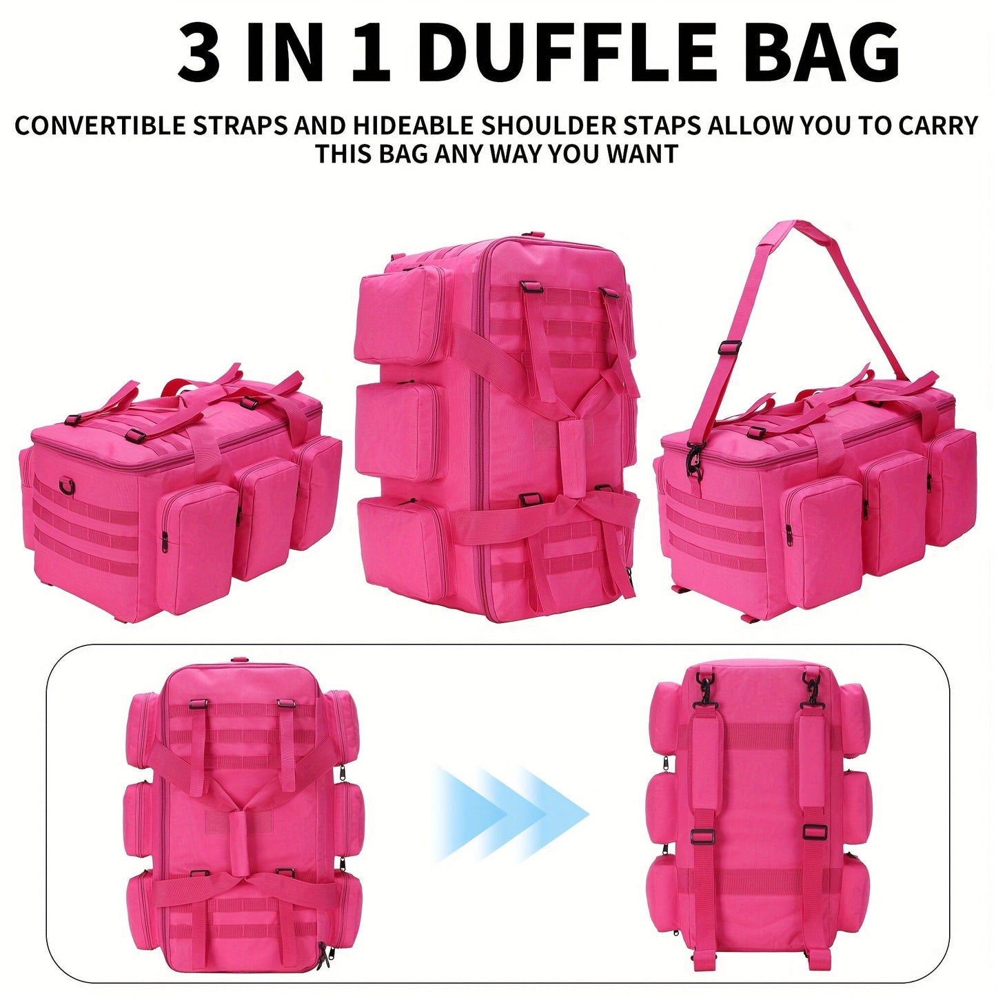 Convertible Travel Duffel Bag 3-in-1 Rose Red 50L – Weekender Backpack & Gym Bag for Men & Women, Sports, Camping & Daily Use