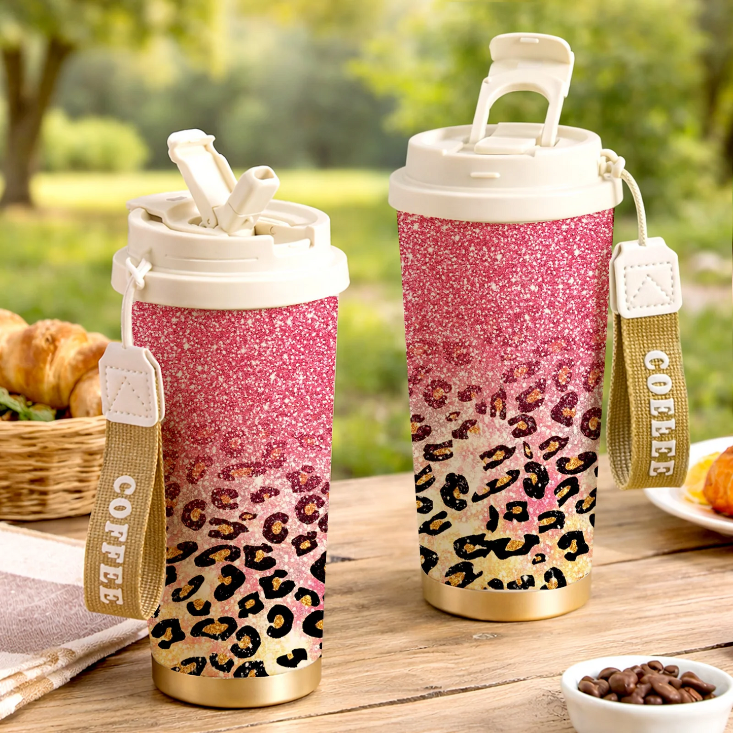 Glitter Leopard Print 18oz Stainless Steel Tumbler with Fold-Down Straw Lid and Carry Strap