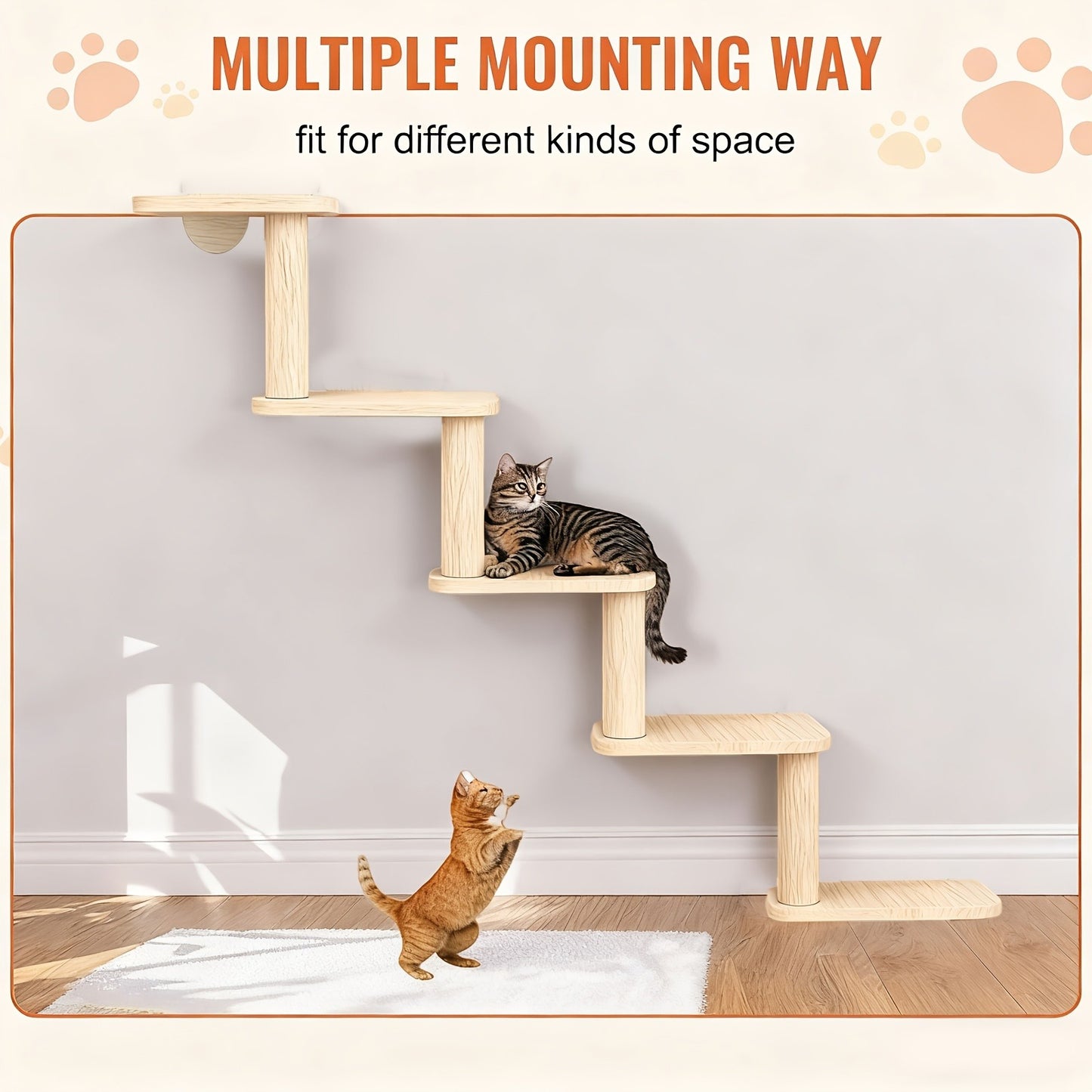 Wall-Mounted Cat Tree 5 Layers Solid Wood Indoor Cat Climbing Frame Jumping Platform Ladder Space-Saving for Small Spaces Multi-Cat Homes