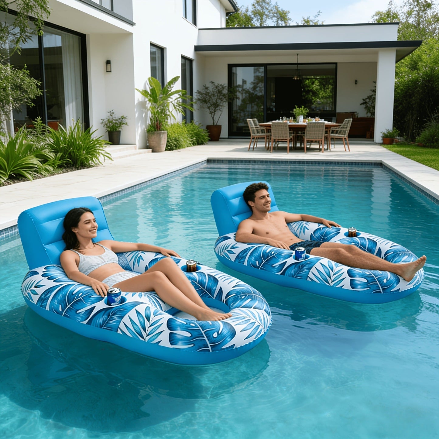 Two-Piece Inflatable Pool Lounge Float Set, 59.1 x 36.2 Inches Each with Backrests and Dual Cup Holders