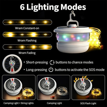 Solar Camping Lantern with Retractable 32.8ft String Lights, Six Modes, USB-C Port and Hand Crank