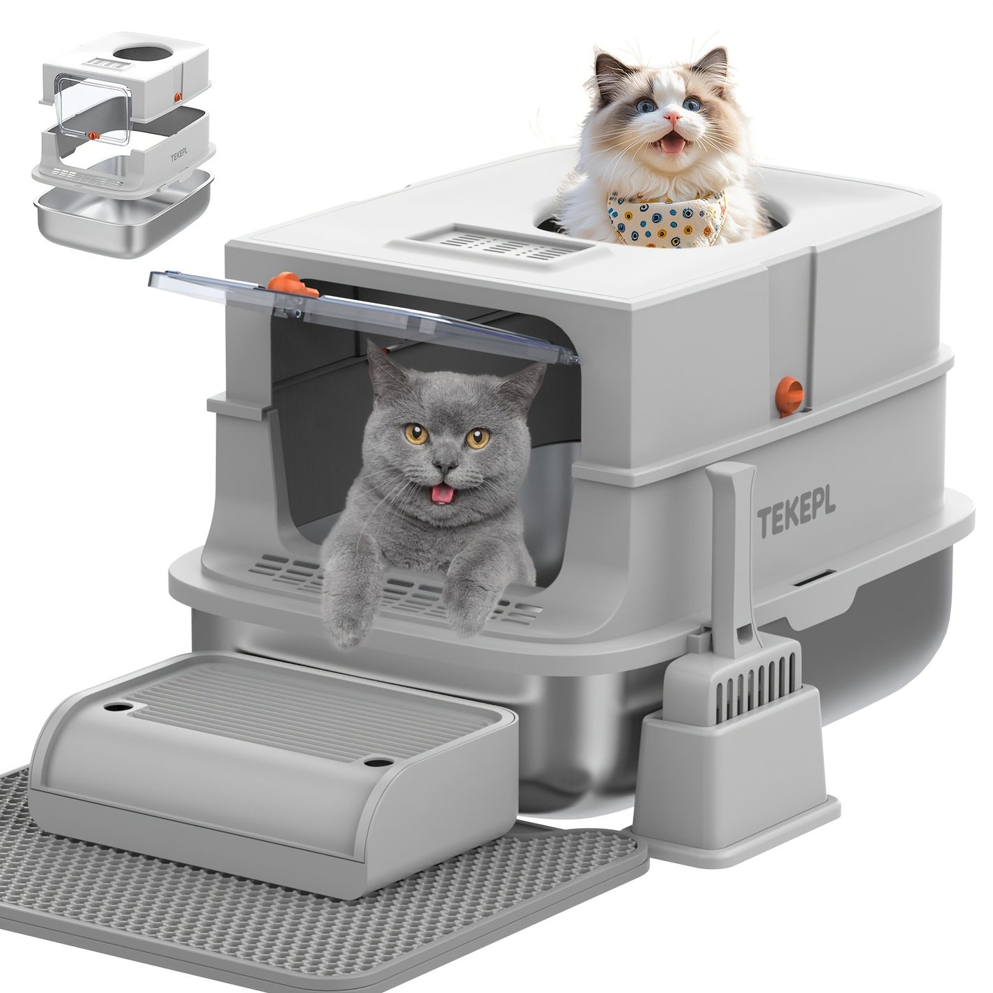 Stainless Steel Cat Litter Box with Lid – Extra Large 68L Enclosed & Semi-Open Modular System, 304 Steel Non-Stick Easy Clean