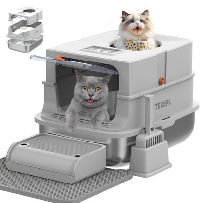 Stainless Steel Cat Litter Box with Lid – Extra Large 68L Enclosed & Semi-Open Modular System, 304 Steel Non-Stick Easy Clean