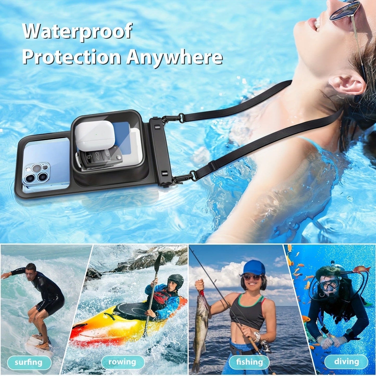 Waterproof Phone Pouch 2-Pack Double Layer Black & Cyan – PVC Dry Bag for Swimming, Rafting & Water Sports, Fits Up to 7.5"