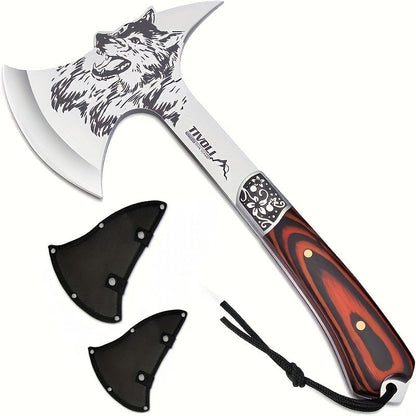 Viking Hatchet High Carbon Steel – Full Tang Camping Axe with Nylon Sheath & Gift Box | Animal Carved Handle for Wood Splitting