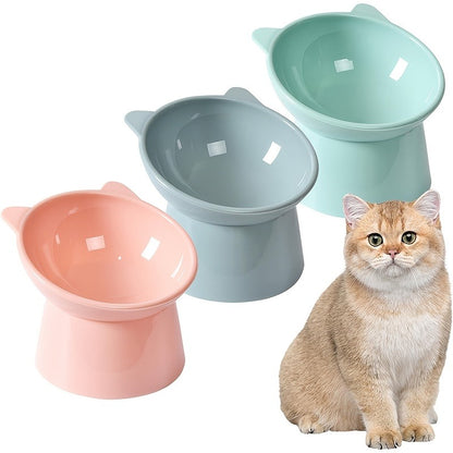 Cat Ear Shaped Raised Cat Bowls Set of 3 – Elevated Feeder Anti-Slip Base Neck Comfort Design, Pink Green Blue Feeding Dish for Cats
