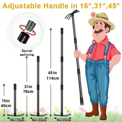 60-Inch Garden Hand Tool with Double-Ended Flat Hoe, Three-Prong Cultivator and Sectional Handle