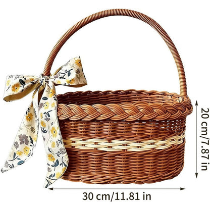 Wicker Easter Basket with Handle – Large Hand Woven Retro Basket with Ribbon for Easter Egg Hunt, Picnic, Outdoor Camping