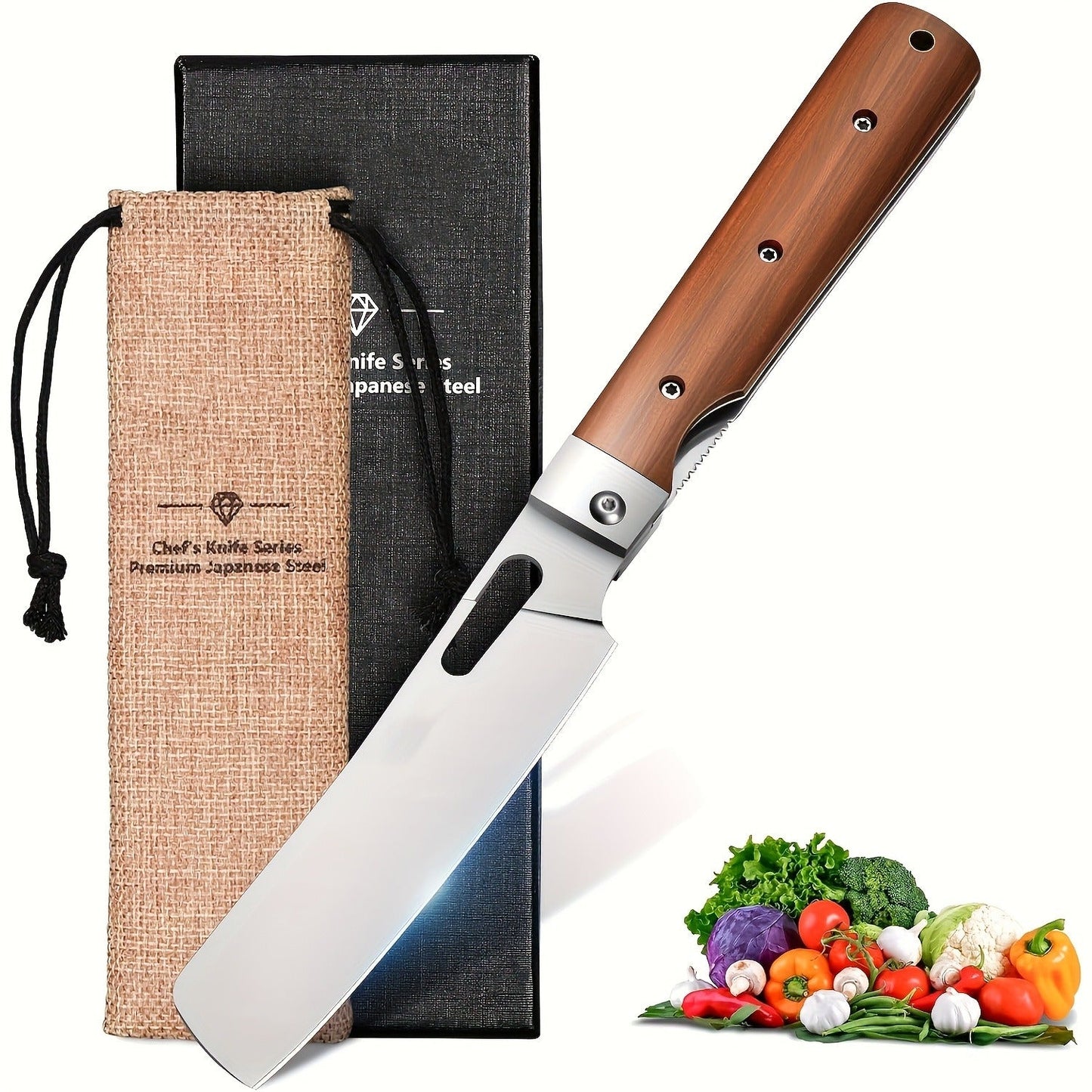 Folding Nakiri Kitchen Knife with 440C Stainless Steel Label, Wood-Look Handle, Drawstring Pouch and Box