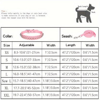 Rivet Dog Collar Bite Resistant with Leash Set, Heavy Duty Metal Buckle Pet Collar for Medium Large Dogs, Adjustable Sizes XS–XXL