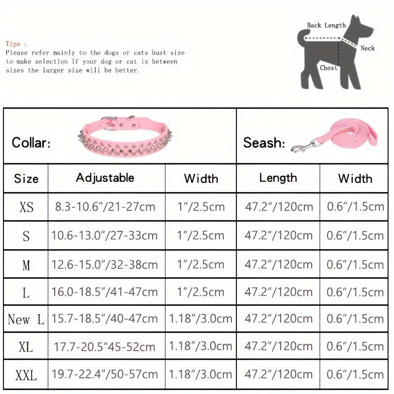 Rivet-Studded Dog Collar and Matching Leash Set with Metal Buckle, Five Colors and XS–XXL Sizing