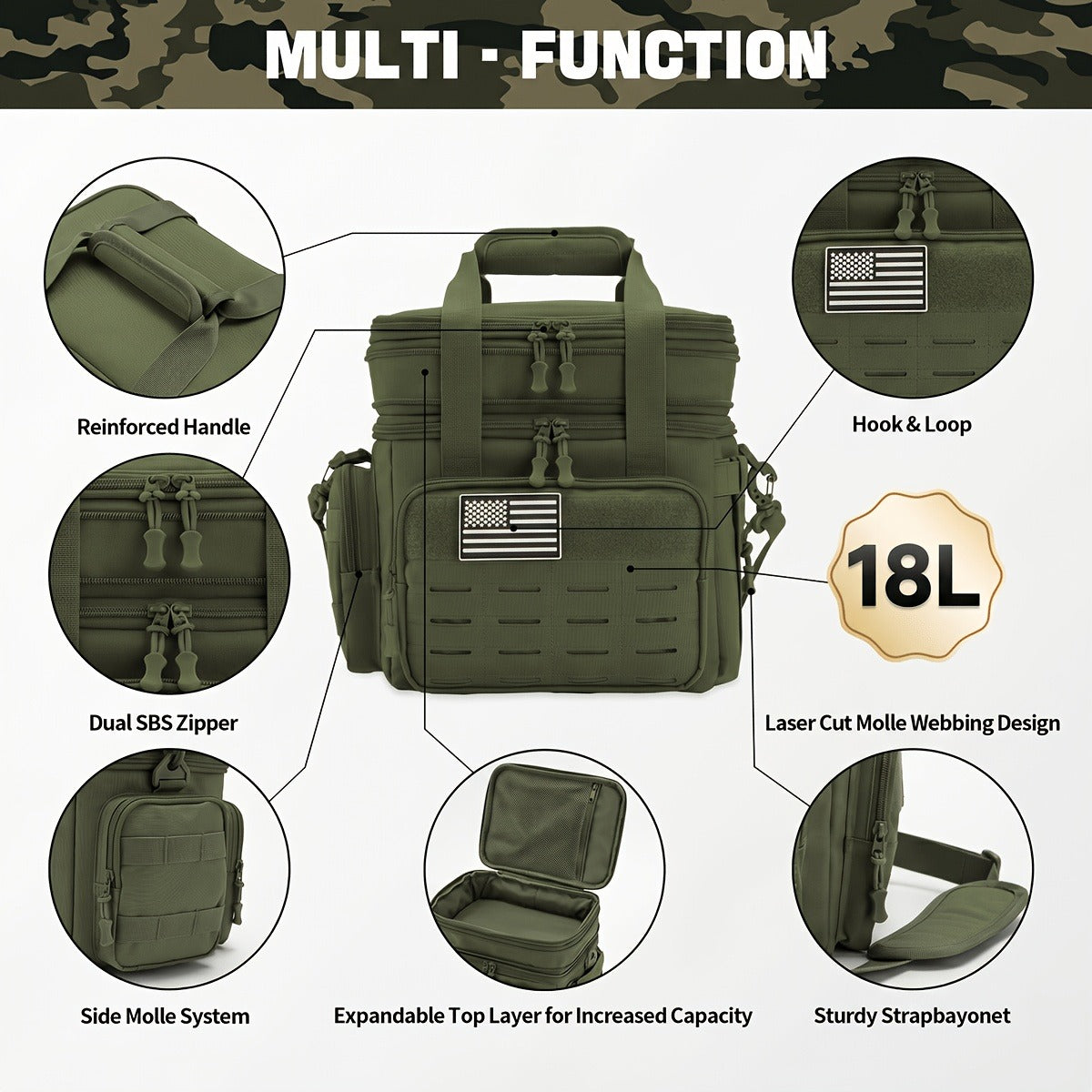 Tactical Insulated Cooler Lunch Box with MOLLE Webbing – Expandable & Leakproof, 3.7 Gal or 18L, for Hunting, Camping