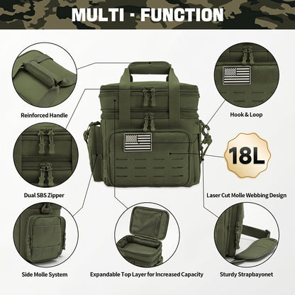 Tactical Insulated Cooler Lunch Box with MOLLE Webbing – Expandable & Leakproof, 3.7 Gal or 18L, for Hunting, Camping