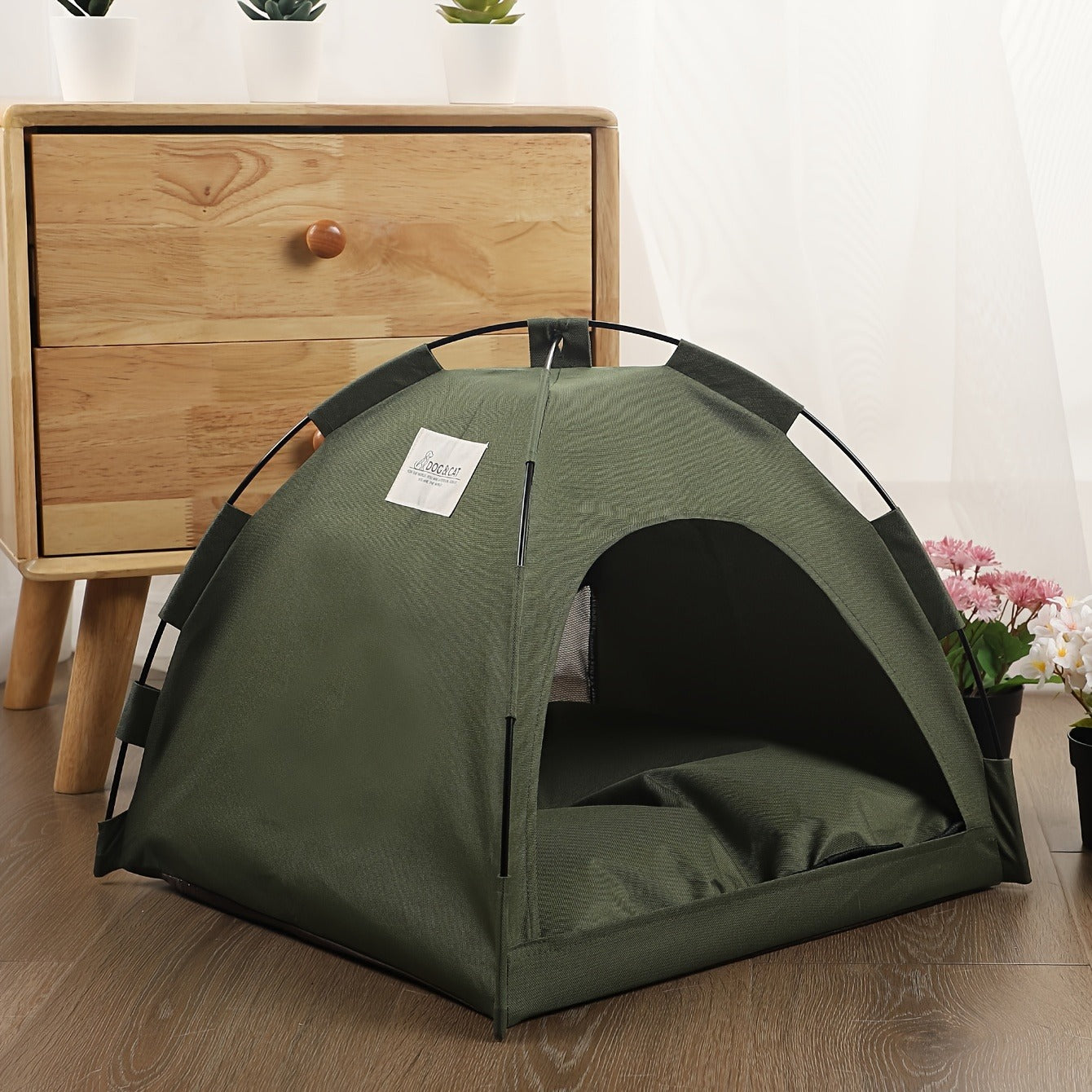 Fern-Green Dome Pet Tent with Folding Fabric Shell, Interior Mat and Three Square Size Options