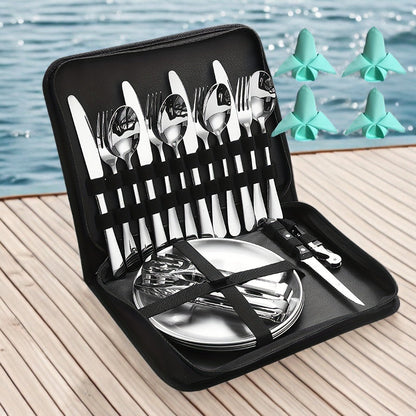Camping Mess Kit 24pcs Stainless Steel Cutlery Set for 4 – Plates, Spoons, Forks, Serrated Knives & Cloth Napkins