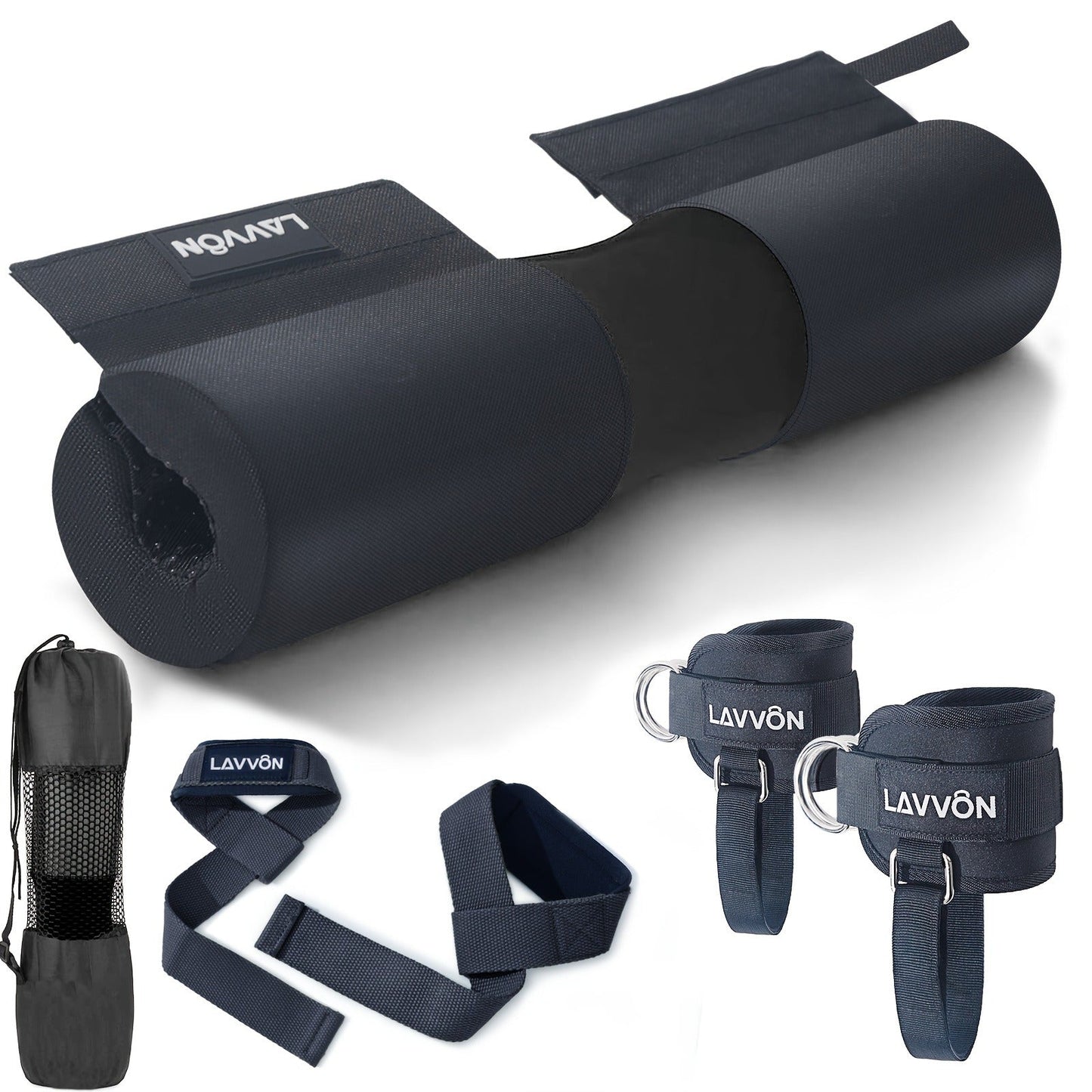Barbell Squat Pad Set with Wrist Straps & Ankle Straps – Thick Anti-Slip Foam Bar Pad for Hip Thrusts, Squats & Lunges