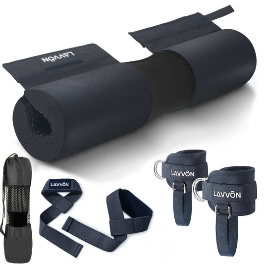 Barbell Squat Pad Set with Wrist Straps & Ankle Straps – Thick Anti-Slip Foam Bar Pad for Hip Thrusts, Squats & Lunges