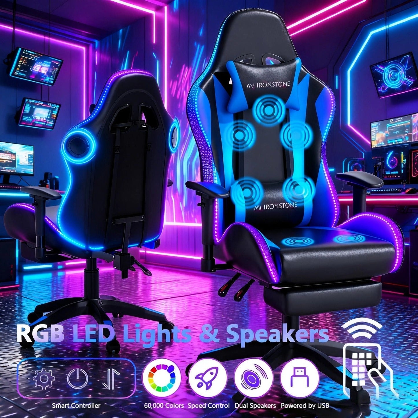 Gaming Chair with 7-Point Vibration Massage, Bluetooth Speakers, RGB Lighting, Footrest and 400lb Rating