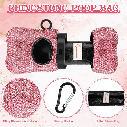 Pink Rhinestone Retractable Dog Leash with Bone-Shaped Waste Bag Dispenser, Metal Clip and One Roll